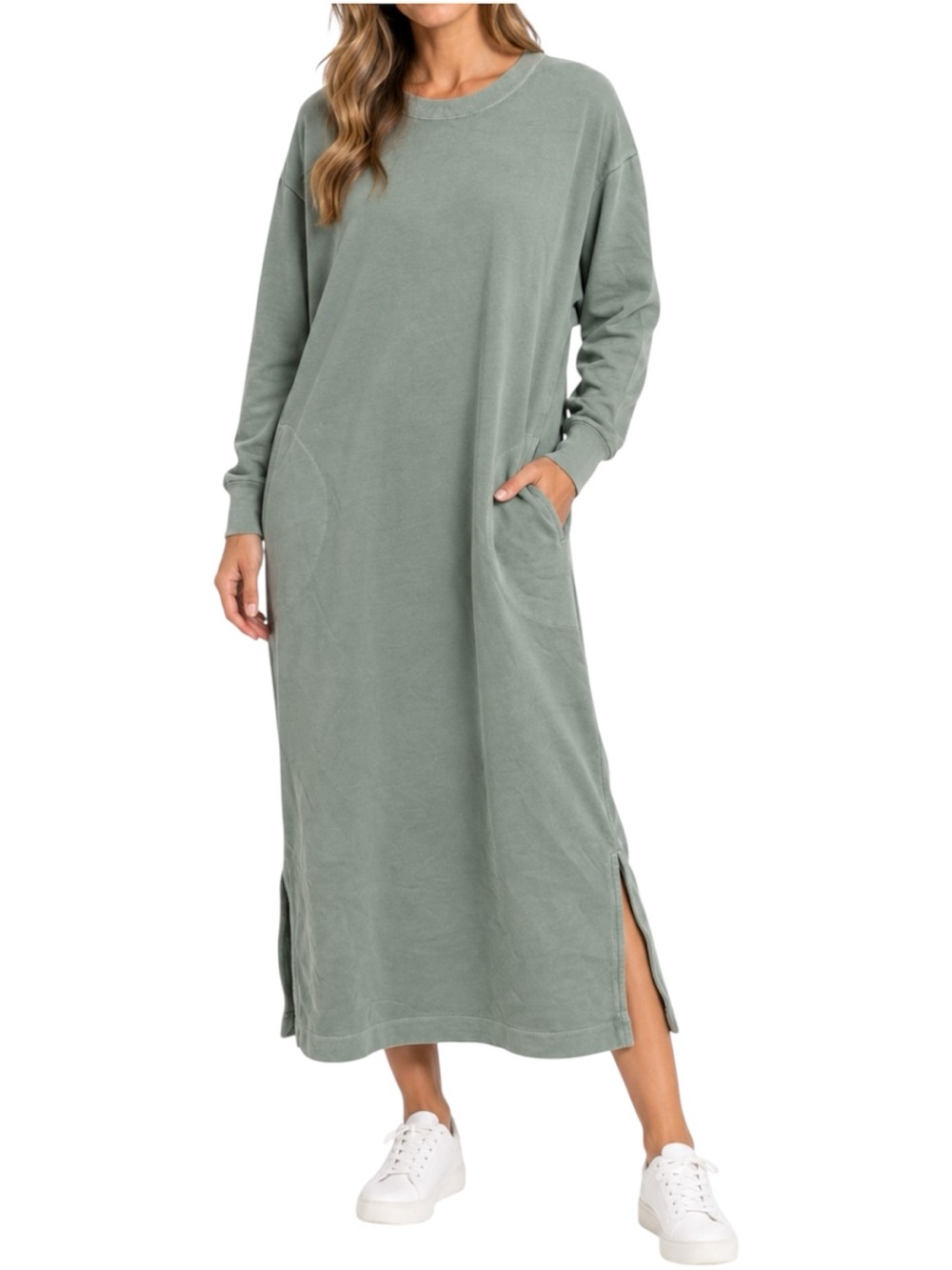 Old Navy Women’s Small Sage Green Sweatshirt Dress Pockets Side Slits Casual